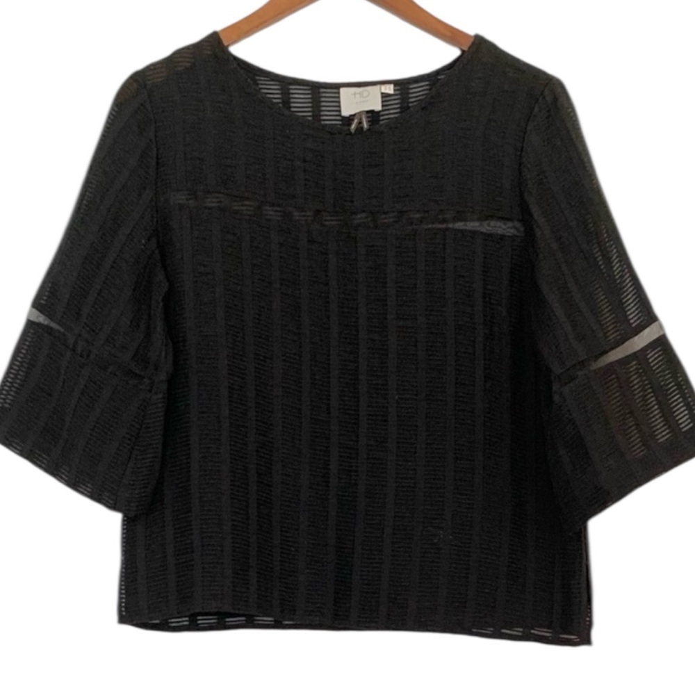 Anthropologie Black Sheer Stripe Boxy Blouse - Picture 2 of 9